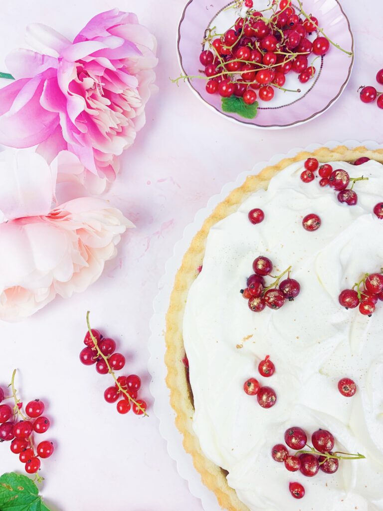 Das ist ein Foto von einer Johannisbeer-Joghurt-Torte. 