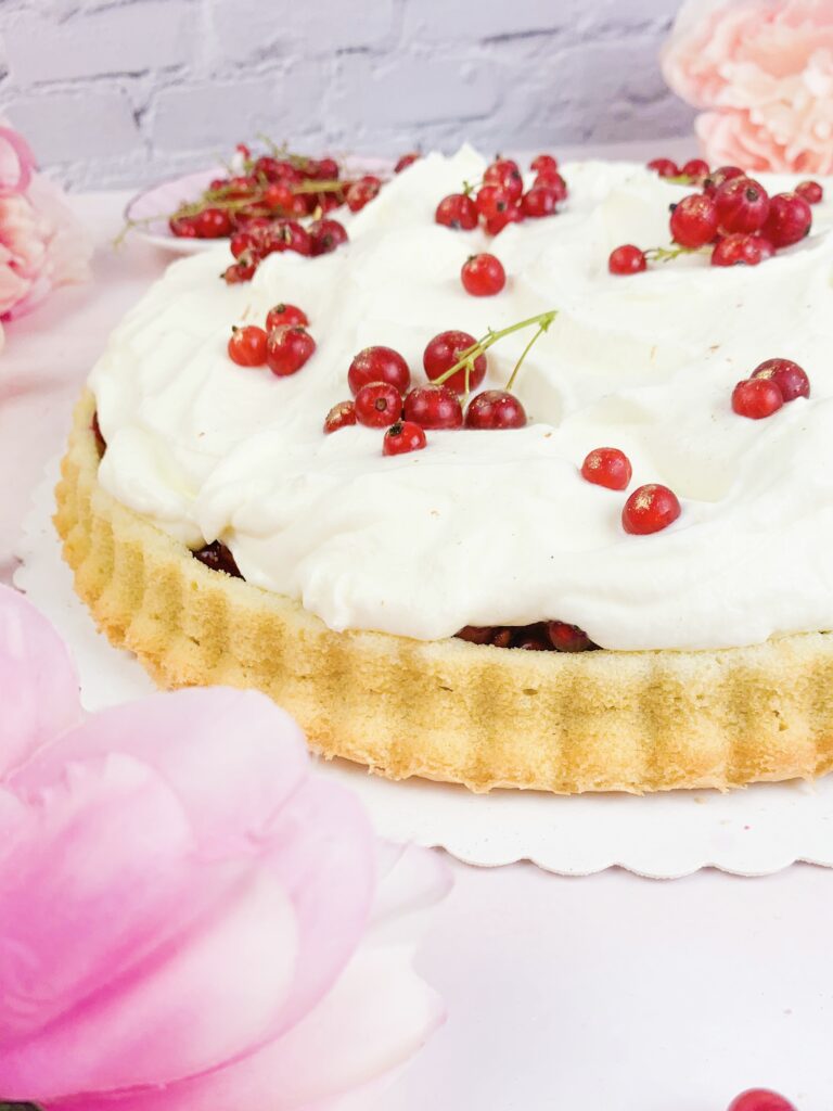 Das ist ein Foto von einer Johannisbeer-Joghurt-Torte. 